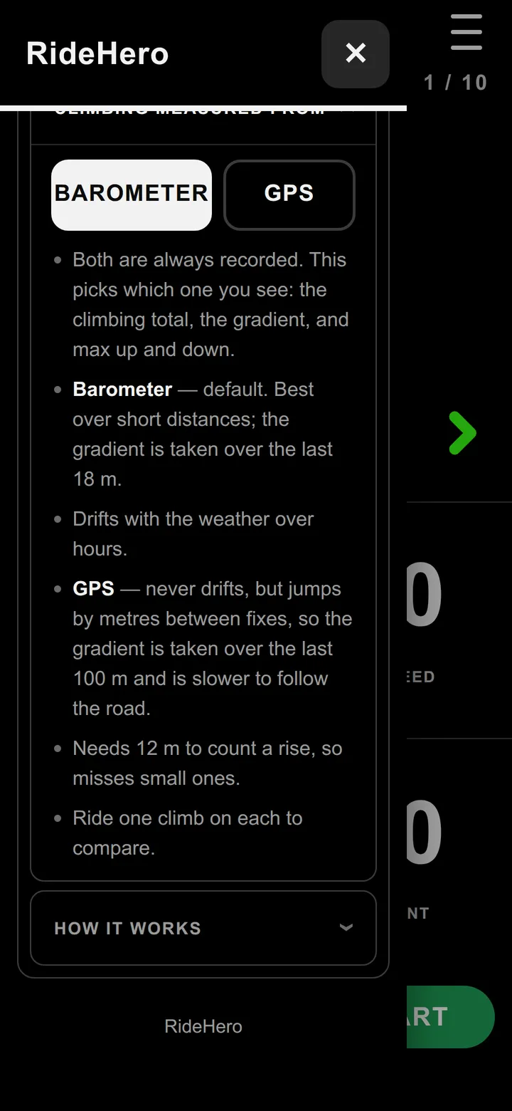 The Climbing measured from setting with BAROMETER and GPS buttons