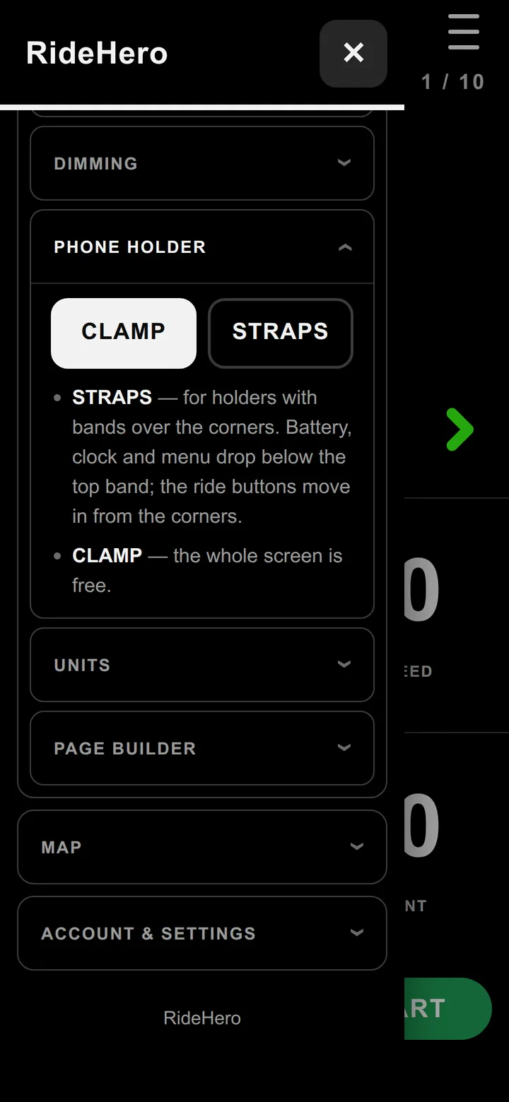 The Phone holder setting with CLAMP and STRAPS buttons