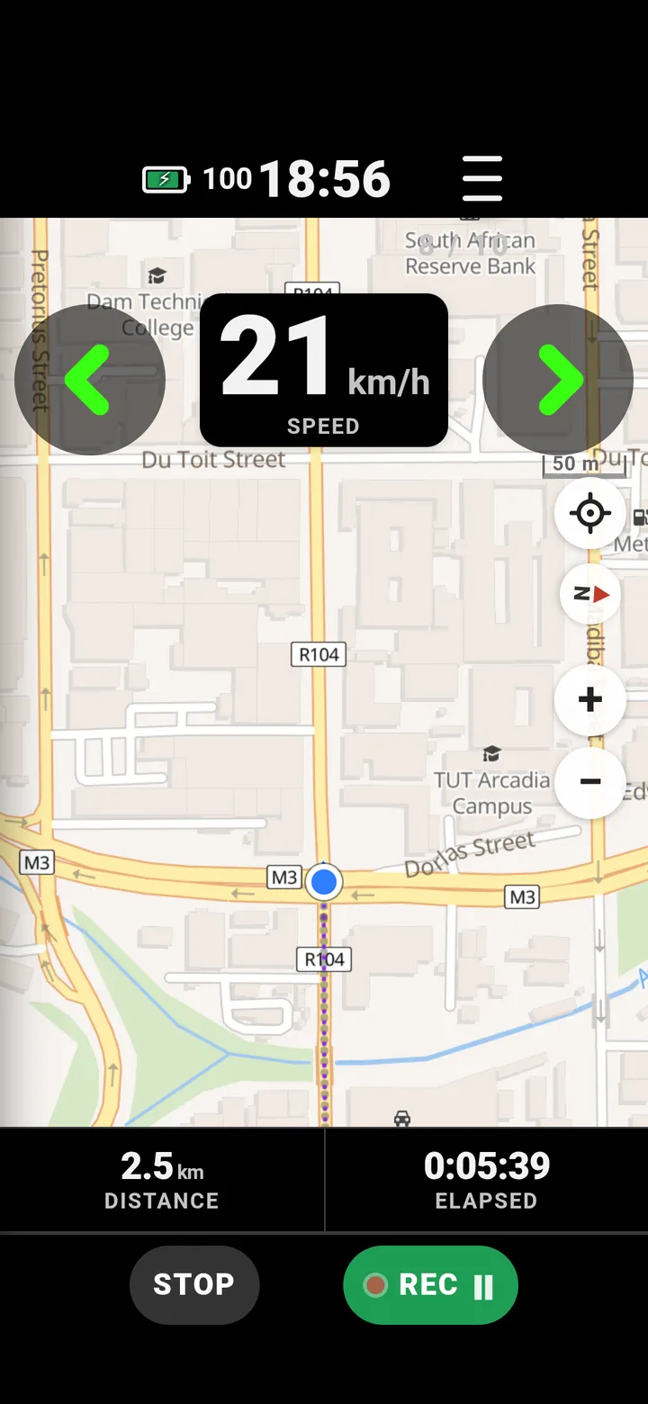 RideHero map page with speed on top and distance and time below